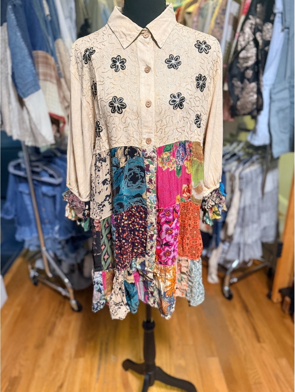 YOUNG THREADS Floral Applique Patchwork Button-Front Tunic Multi NWT M